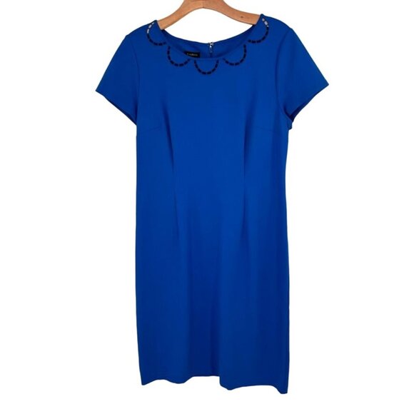 Talbots Womens Blue Sheath Dress With Beaded Neckline Size 8 - Picture 3 of 11